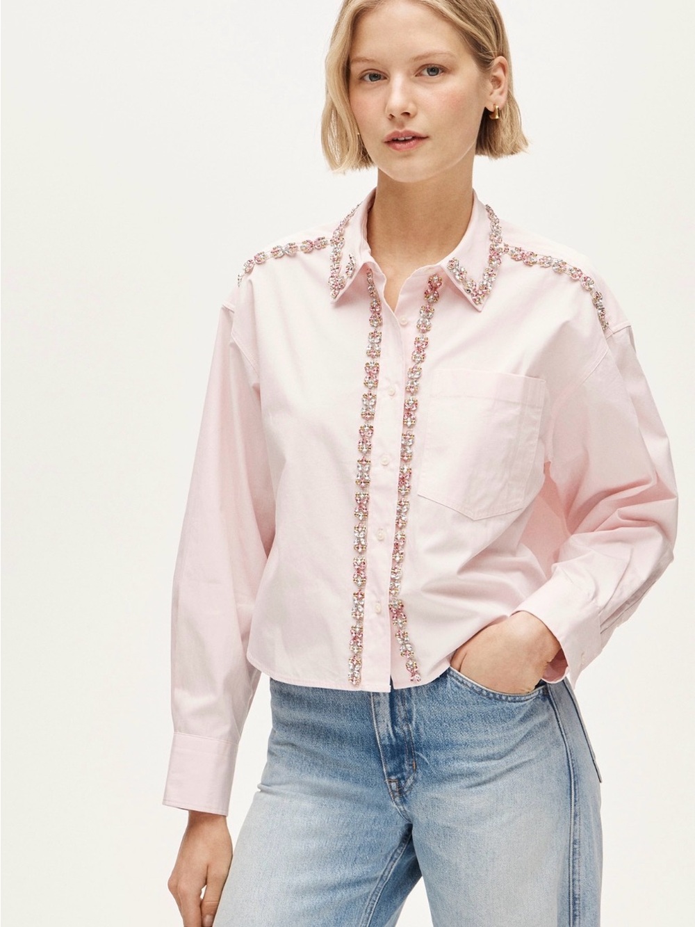 J. Crew Étienne Cropped Button-up Embellished in Pink Cotton Poplin Sz. S CT063